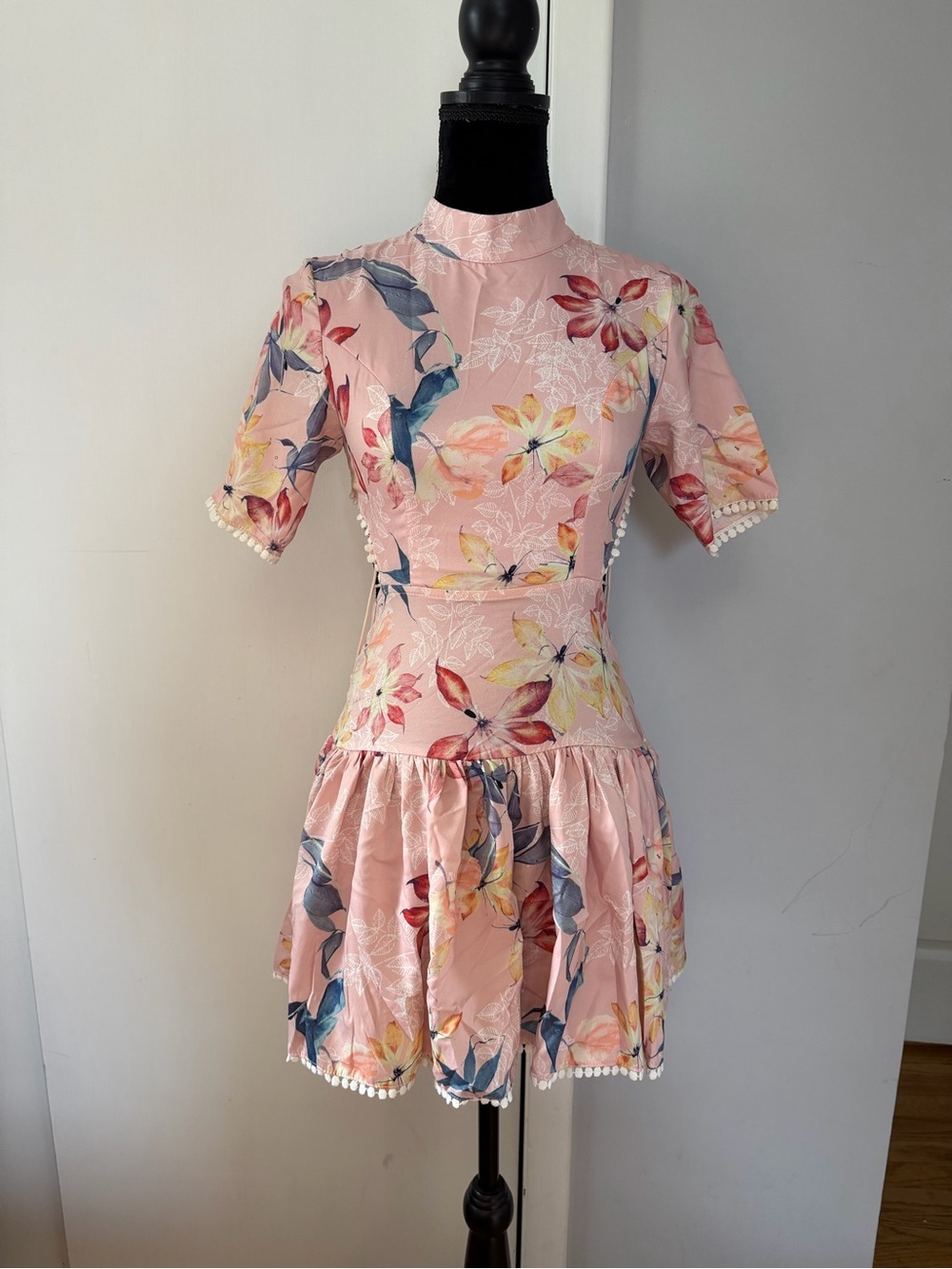 Angel Biba Pink Floral Dress with Blue and Coral Accents